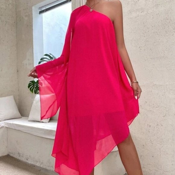 One Shoulder Batwing Sleeve Contemporary Dress HOT PINK - Picture 2 of 8